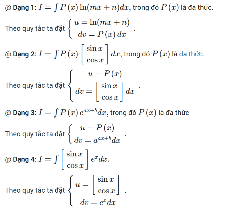 Bốn dạng bài toán nguyên hàm từng phần thường gặp. (Ảnh: Icongchuc.com)