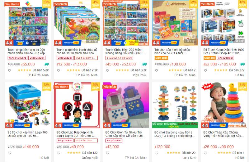 Dễ dàng tìm kiếm mọi mức giá, chủng loại đồ chơi cho bé trên các trang thương mại điện tử.  (Ảnh: Sưu tầm Internet)