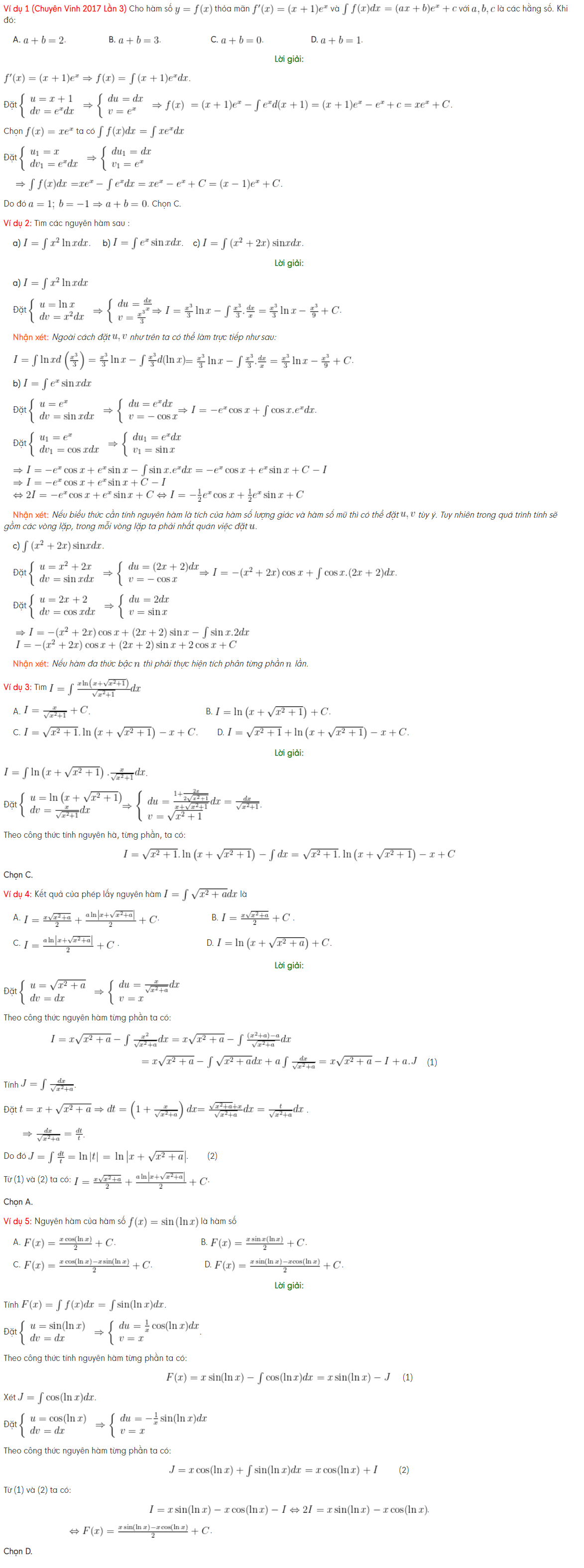 Một số bài toán nguyên hàm từng phần có lời giải. (Ảnh: Baitap123.com)