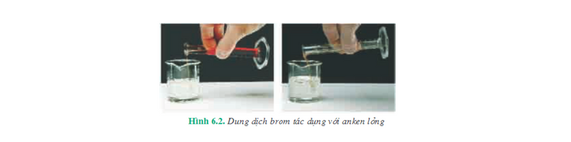 Experiment with bromine solution reacting with liquid alkenes.  (Photo: Screenshot of Chemistry 11 textbook)