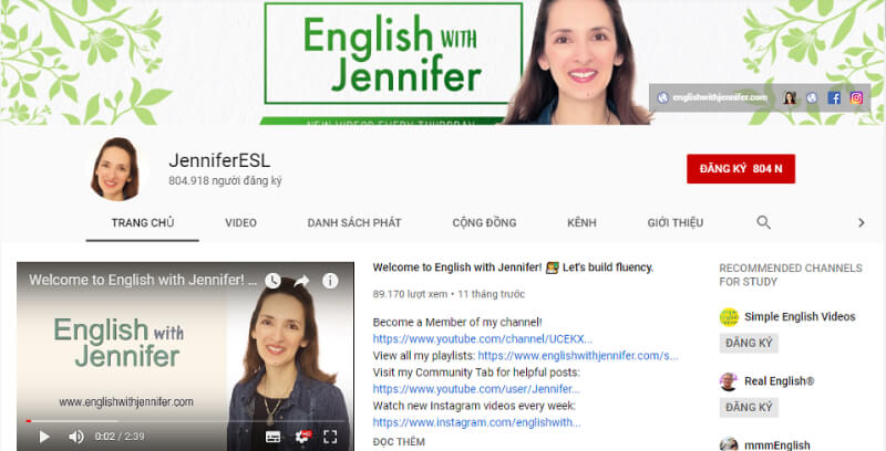 Học Tiếng Anh qua kênh JenniferESL. (Ảnh: Sưu tầm Internet)