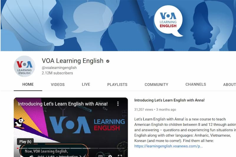 Kênh youtube học tiếng Anh VOA Learning English. (Ảnh: Internet)