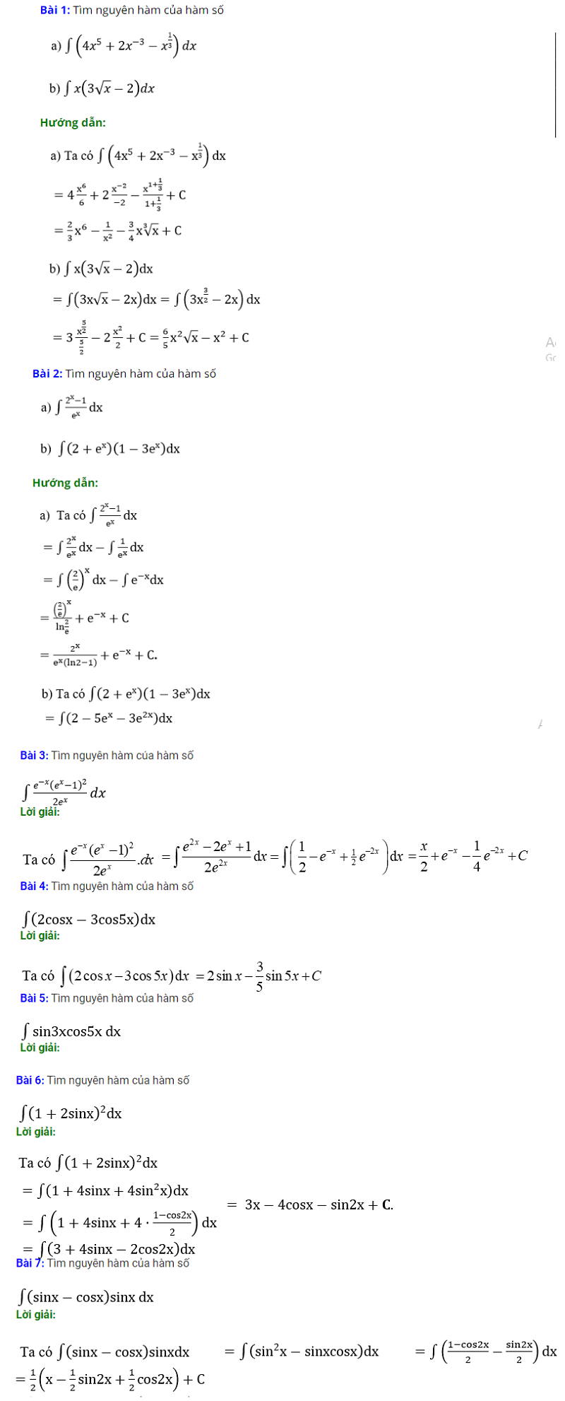 Một số bài tập ví dụ nguyên hàm của hàm số hợp kèm theo lời giải. (Nguồn: Haylamdo.com)