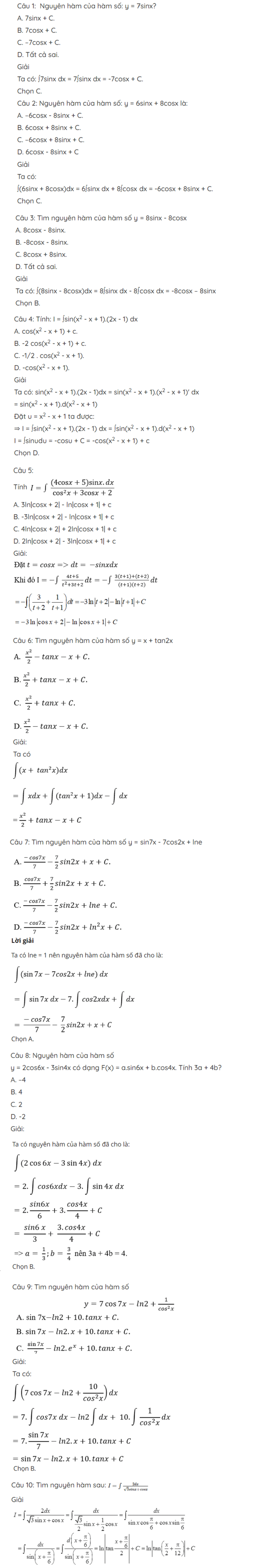 Tổng hợp một số bài tập về toán nguyên hàm hàm lượng giác. (Nguồn: vuihoc.vn)
