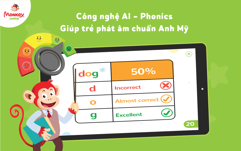 Công nghệ AI (áp dụng cho bé 3.5 tuổi trở lên) giúp trẻ phát âm tiếng Anh chuẩn ngay từ đầu. (Ảnh: Monkey)